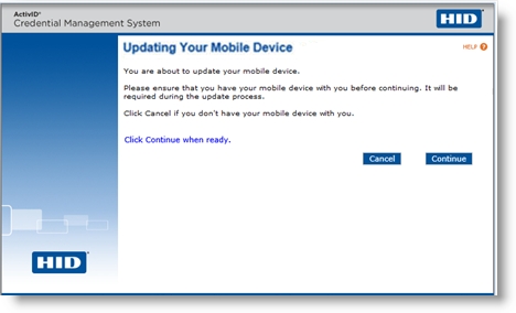 User portal page for Updating Your Mobile Device with two buttons available at the bottom of the screen: Cancel and Continue